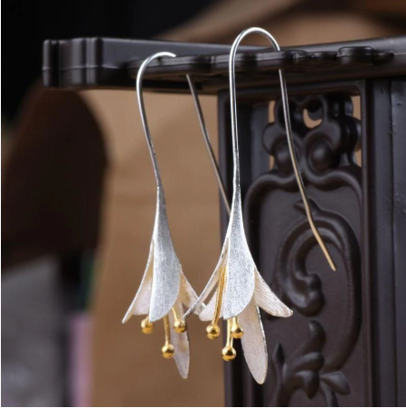 Tulip Flower Silver Drop Dangle Ear Hook Stud Long Tassel Earrings