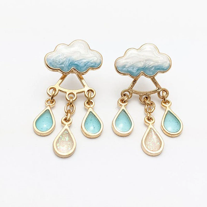 Rain Cloud Storm Enamel Rhinestone Crystal Stud Earrings, Cute Spring Summer