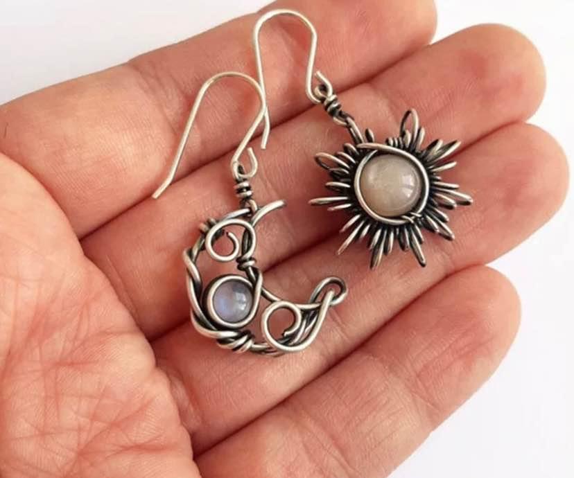 Boho Sun and Moon Drop Dangle Earrings, Moonstone Style Celestial Asymmetrical