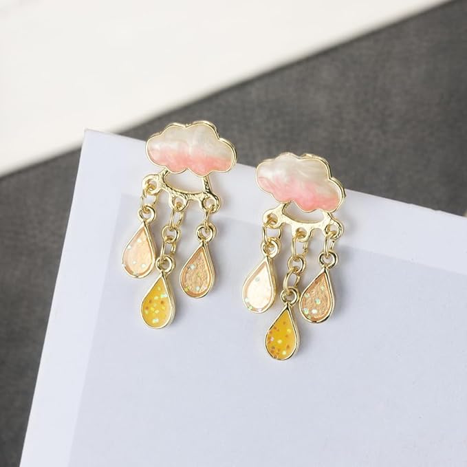 Rain Cloud Storm Enamel Rhinestone Crystal Stud Earrings, Cute Spring Summer