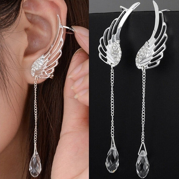 Fashion Angel Wing Stylist Silver Crystal Drop Earrings