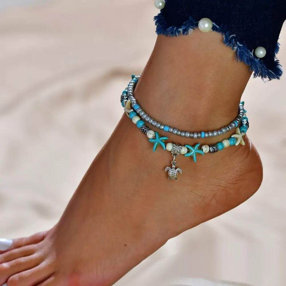 Boho Teal Double Strand Anklet - Bohemian Beach Starfish