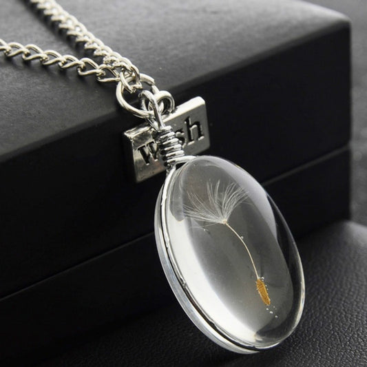 Dandelion Seed MAKE A WISH Oval Necklace Silver Chain Gift Pendant Resin