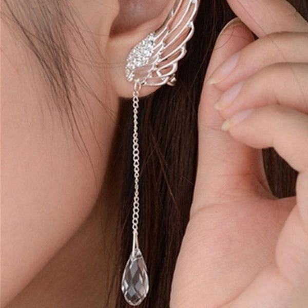 Fashion Angel Wing Stylist Silver Crystal Drop Earrings