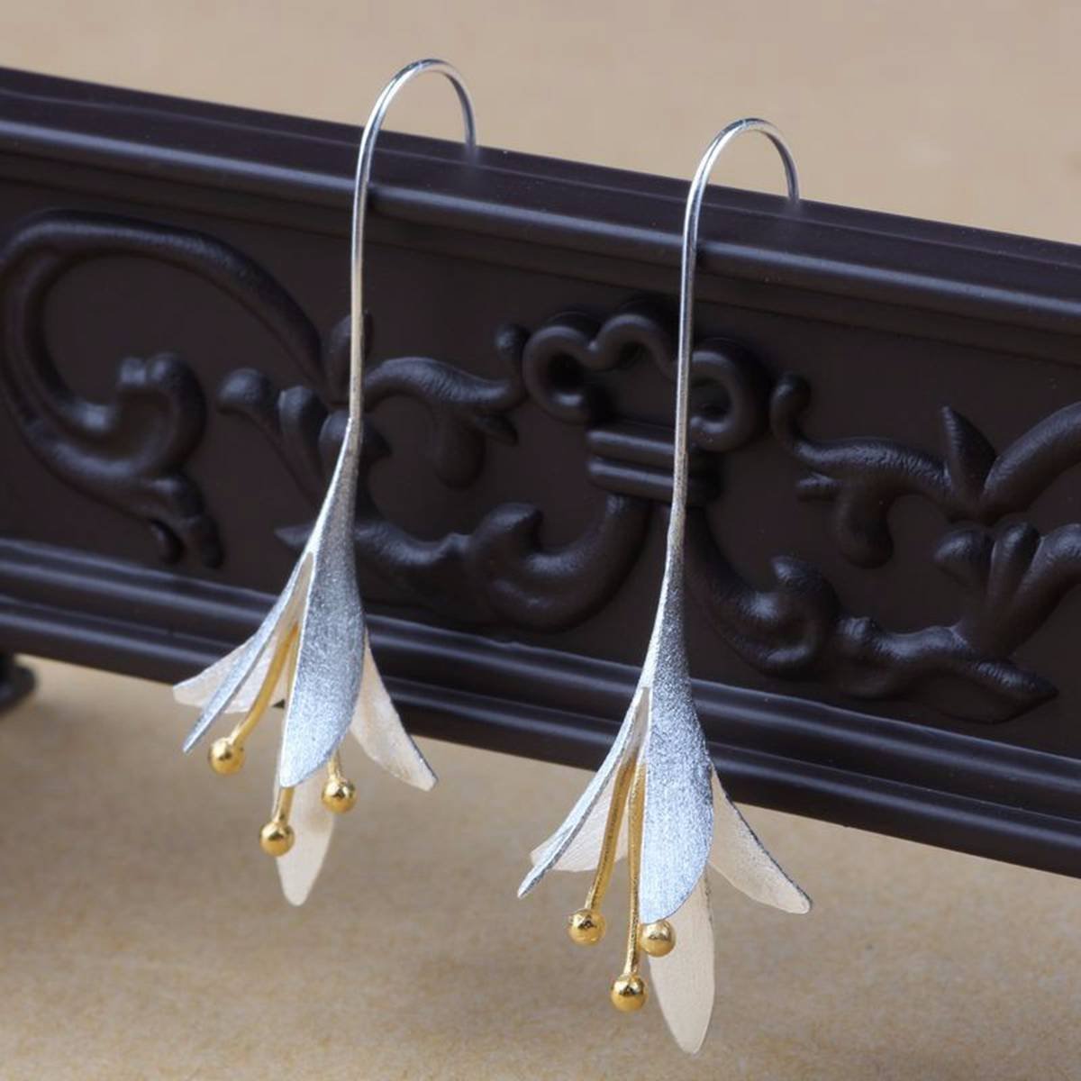 Tulip Flower Silver Drop Dangle Ear Hook Stud Long Tassel Earrings