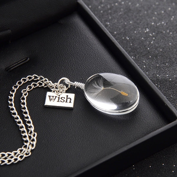 Dandelion Seed MAKE A WISH Oval Necklace Silver Chain Gift Pendant Resin