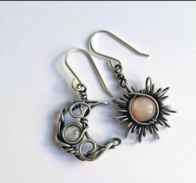 Boho Sun and Moon Drop Dangle Earrings, Moonstone Style Celestial Asymmetrical