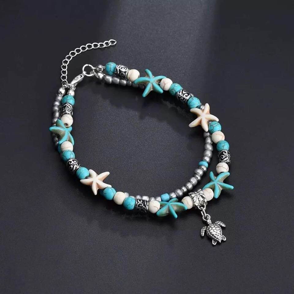 Boho Teal Double Strand Anklet - Bohemian Beach Starfish