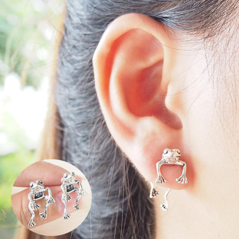 Frog Earring, Cute Silver Frog Earring Studs, Animal Jewelry Gifts, Fun Earring