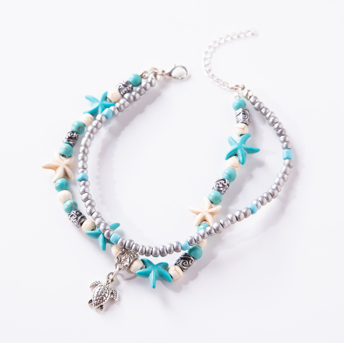 Boho Teal Double Strand Anklet - Bohemian Beach Starfish