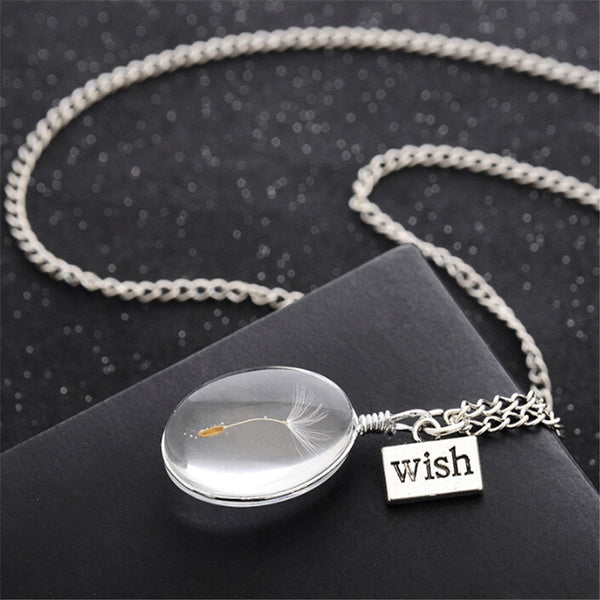 Dandelion Seed MAKE A WISH Oval Necklace Silver Chain Gift Pendant Resin