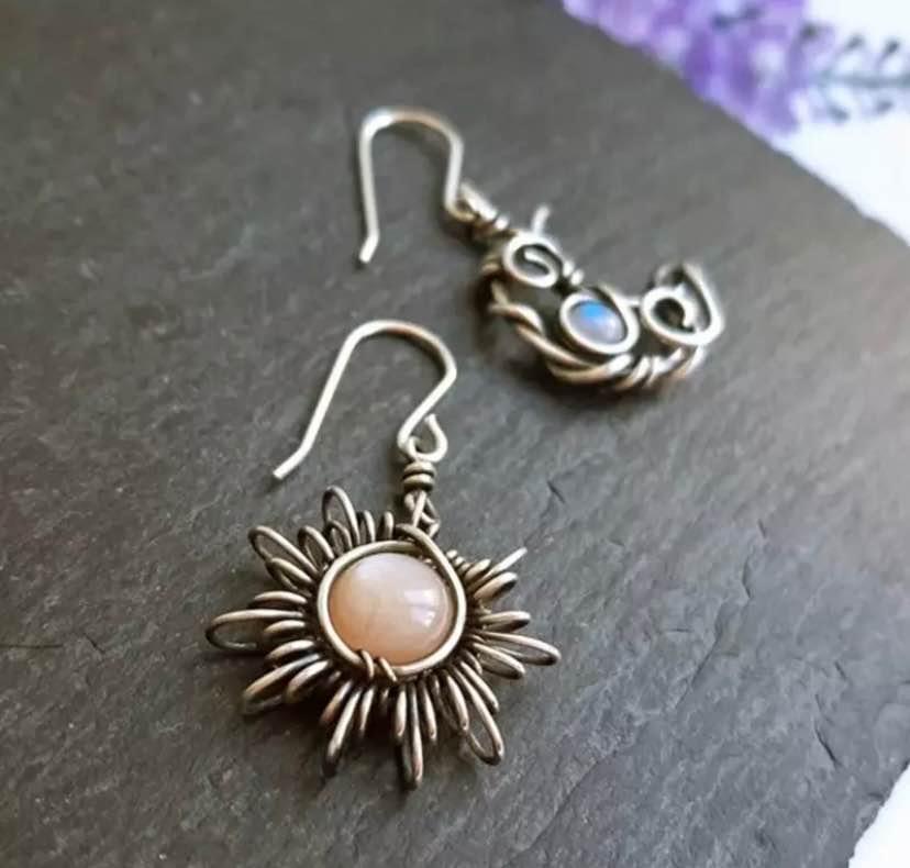 Boho Sun and Moon Drop Dangle Earrings, Moonstone Style Celestial Asymmetrical