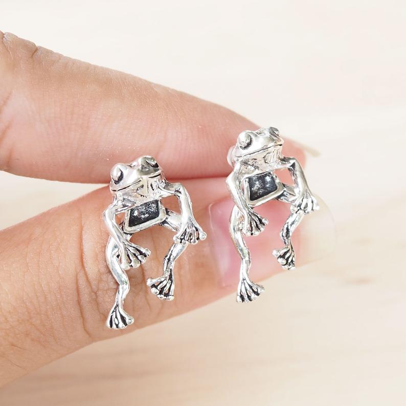 Frog Earring, Cute Silver Frog Earring Studs, Animal Jewelry Gifts, Fun Earring