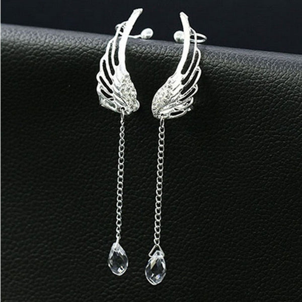 Fashion Angel Wing Stylist Silver Crystal Drop Earrings