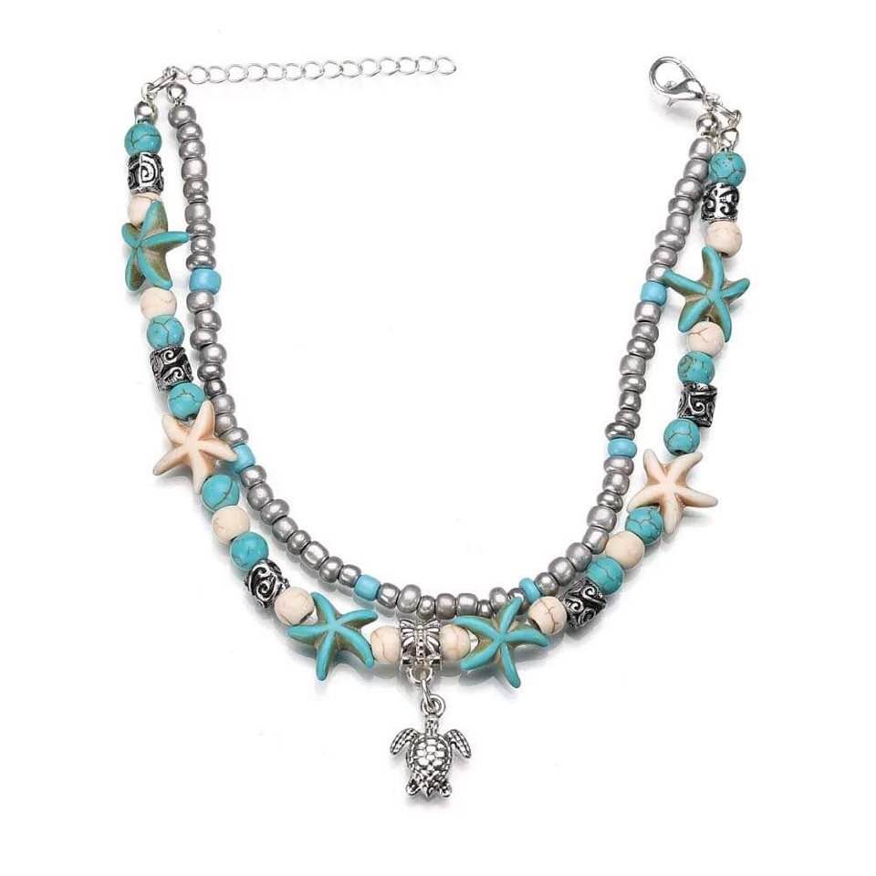 Boho Teal Double Strand Anklet - Bohemian Beach Starfish