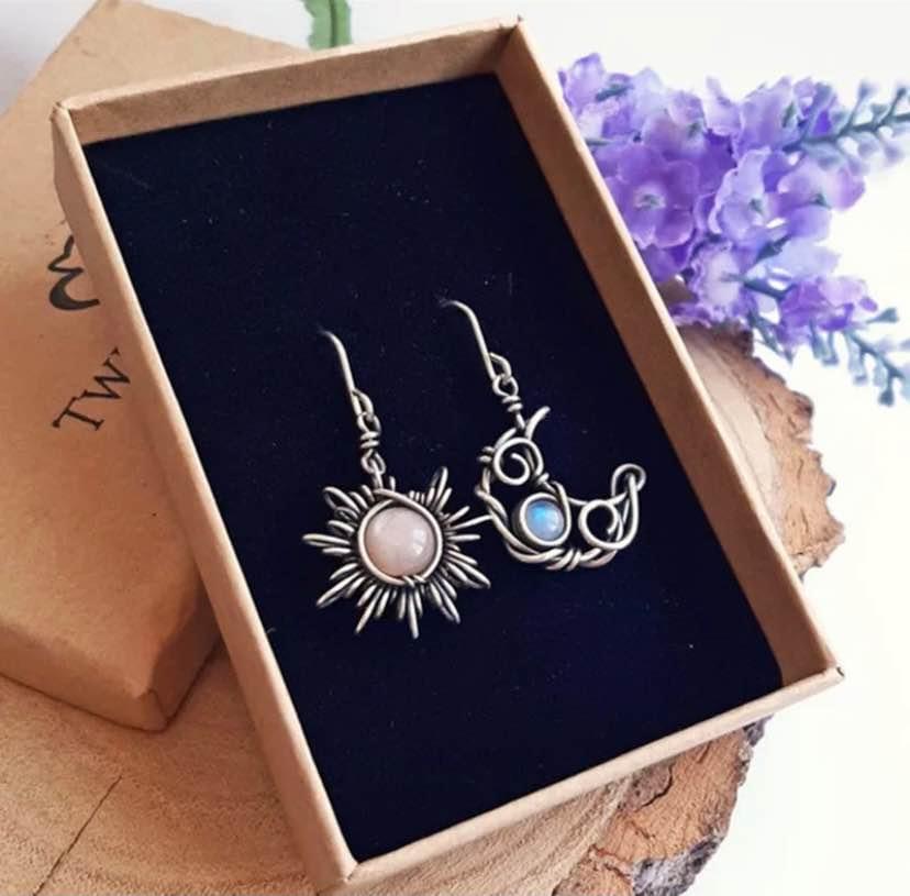 Boho Sun and Moon Drop Dangle Earrings, Moonstone Style Celestial Asymmetrical