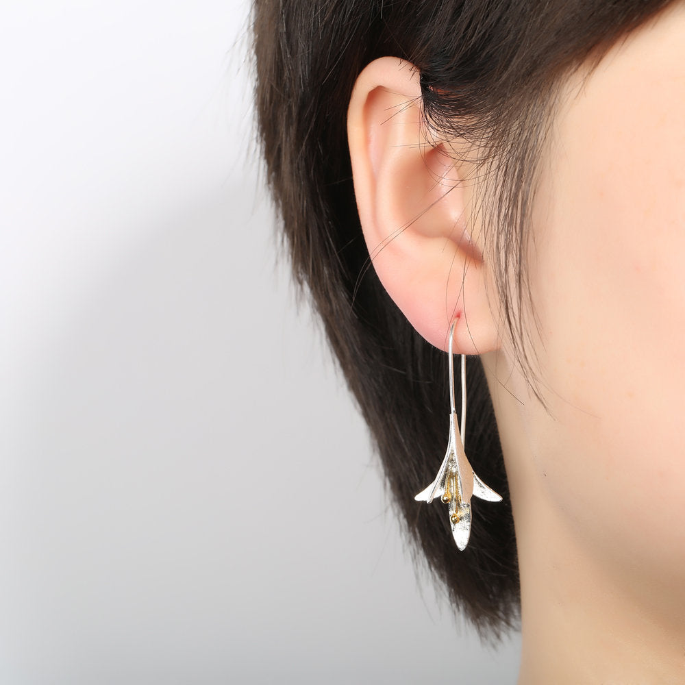 Tulip Flower Silver Drop Dangle Ear Hook Stud Long Tassel Earrings