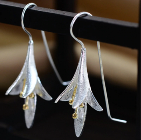 Tulip Flower Silver Drop Dangle Ear Hook Stud Long Tassel Earrings