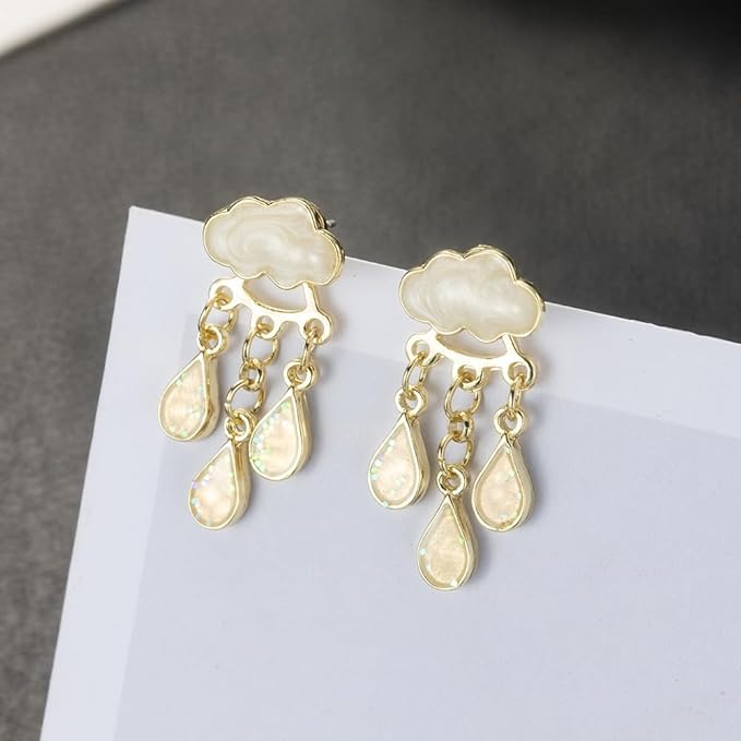 Rain Cloud Storm Enamel Rhinestone Crystal Stud Earrings, Cute Spring Summer