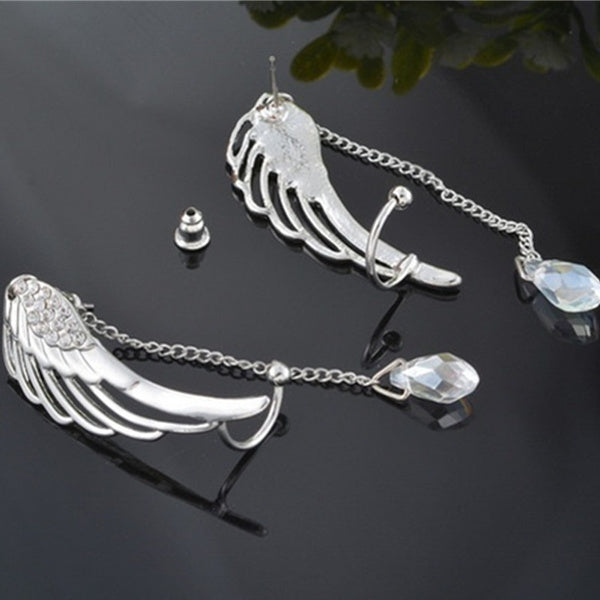 Fashion Angel Wing Stylist Silver Crystal Drop Earrings