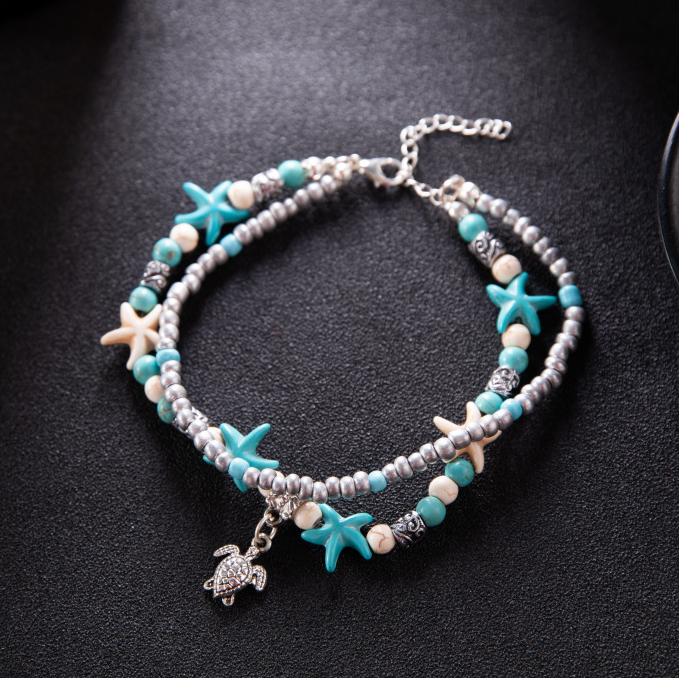 Boho Teal Double Strand Anklet - Bohemian Beach Starfish