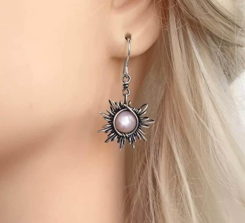 Boho Sun and Moon Drop Dangle Earrings, Moonstone Style Celestial Asymmetrical