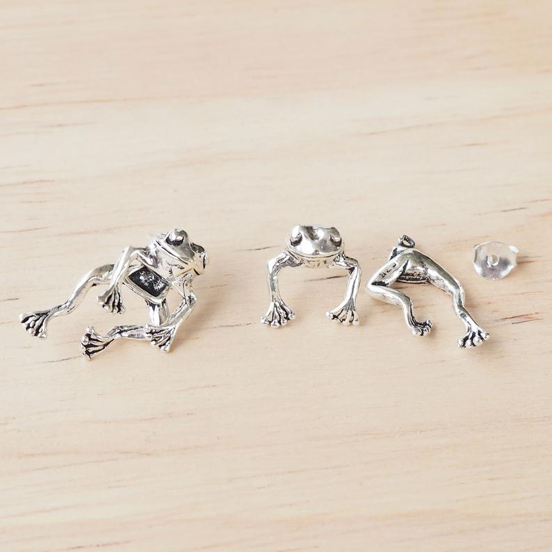 Frog Earring, Cute Silver Frog Earring Studs, Animal Jewelry Gifts, Fun Earring