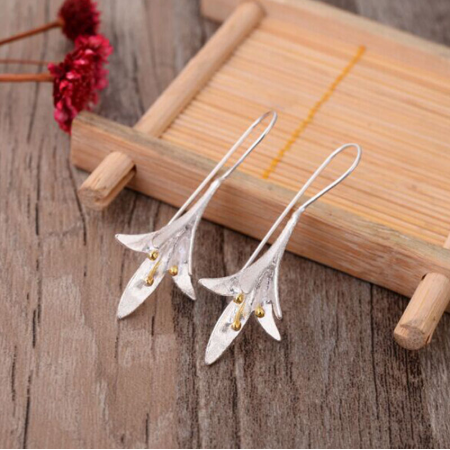 Tulip Flower Silver Drop Dangle Ear Hook Stud Long Tassel Earrings