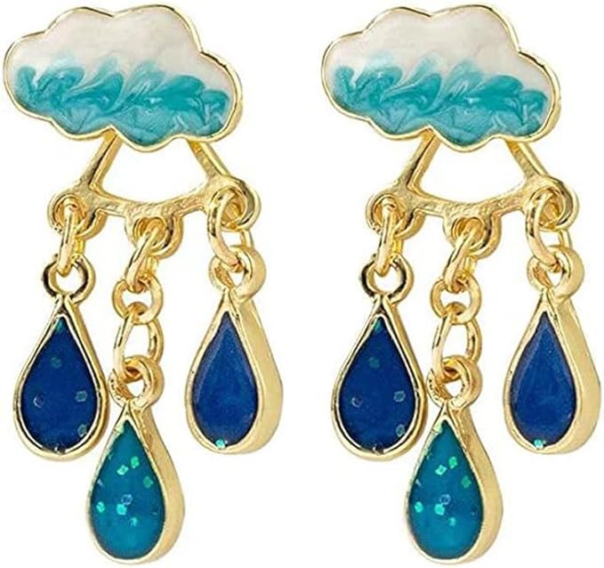 Rain Cloud Storm Enamel Rhinestone Crystal Stud Earrings, Cute Spring Summer