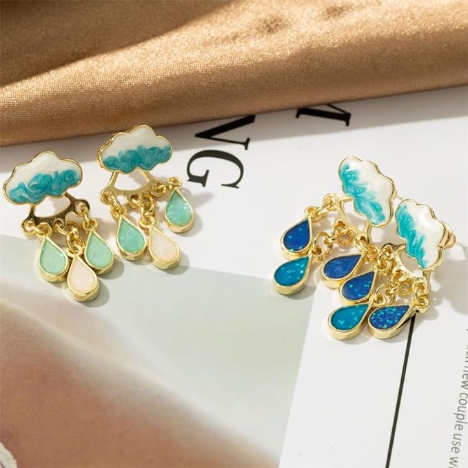 Rain Cloud Storm Enamel Rhinestone Crystal Stud Earrings, Cute Spring Summer