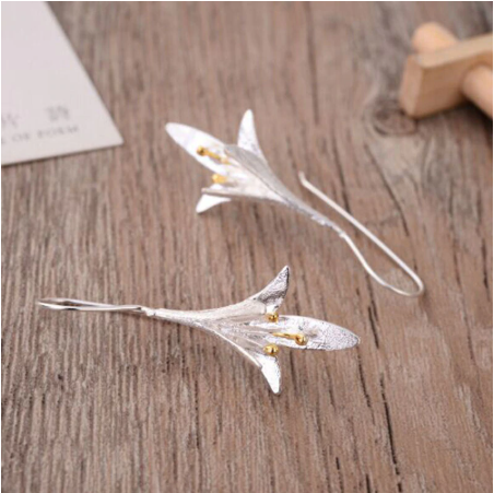 Tulip Flower Silver Drop Dangle Ear Hook Stud Long Tassel Earrings