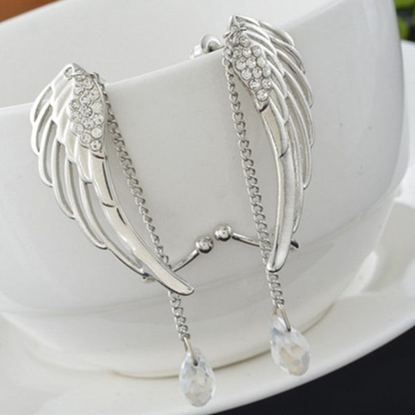 Fashion Angel Wing Stylist Silver Crystal Drop Earrings