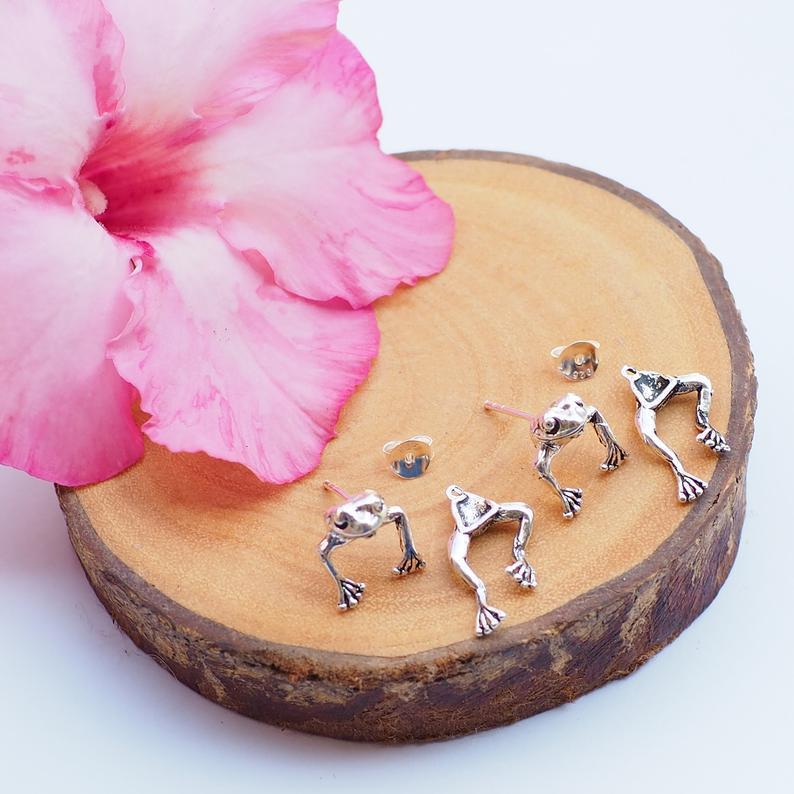 Frog Earring, Cute Silver Frog Earring Studs, Animal Jewelry Gifts, Fun Earring