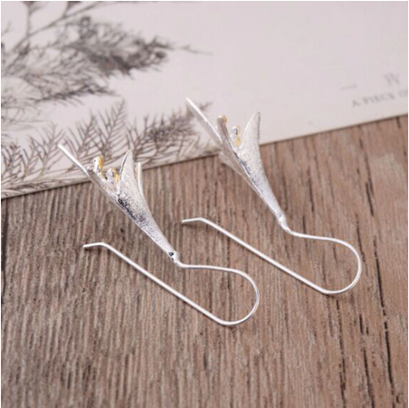 Tulip Flower Silver Drop Dangle Ear Hook Stud Long Tassel Earrings