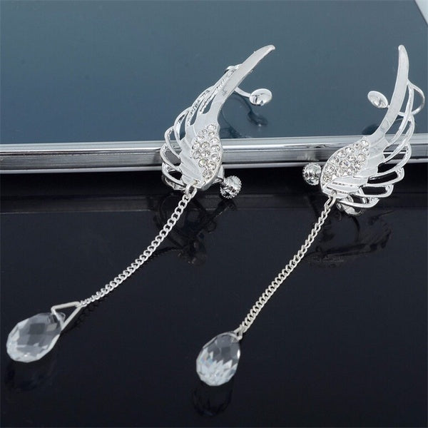 Fashion Angel Wing Stylist Silver Crystal Drop Earrings