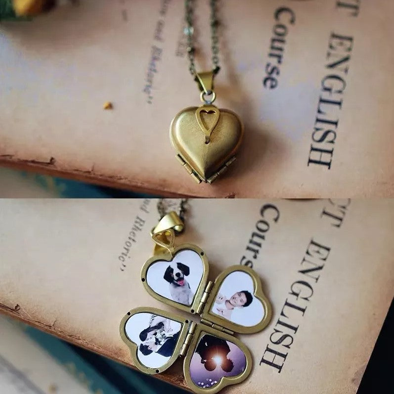 Four Photo Locket, Heart Shaped Locket Necklace Gold Jewelry