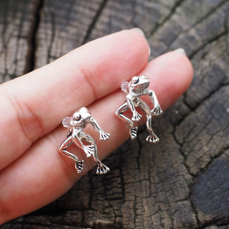 Frog Earring, Cute Silver Frog Earring Studs, Animal Jewelry Gifts, Fun Earring