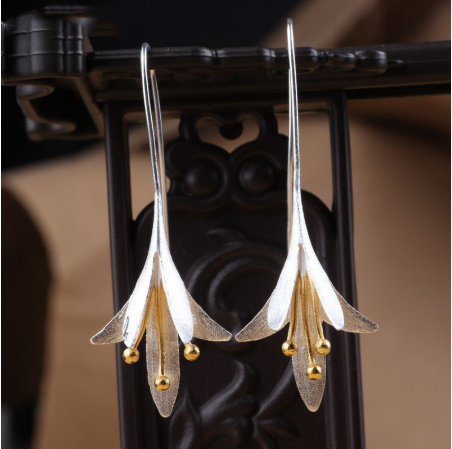 Tulip Flower Silver Drop Dangle Ear Hook Stud Long Tassel Earrings