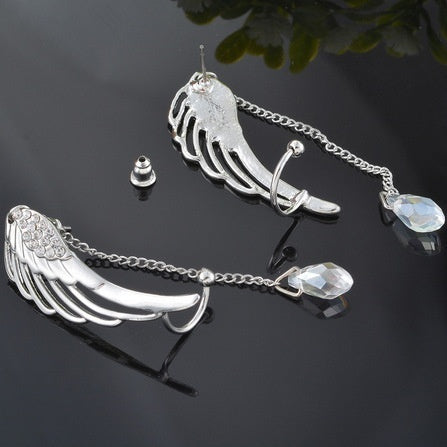 Fashion Angel Wing Stylist Silver Crystal Drop Earrings